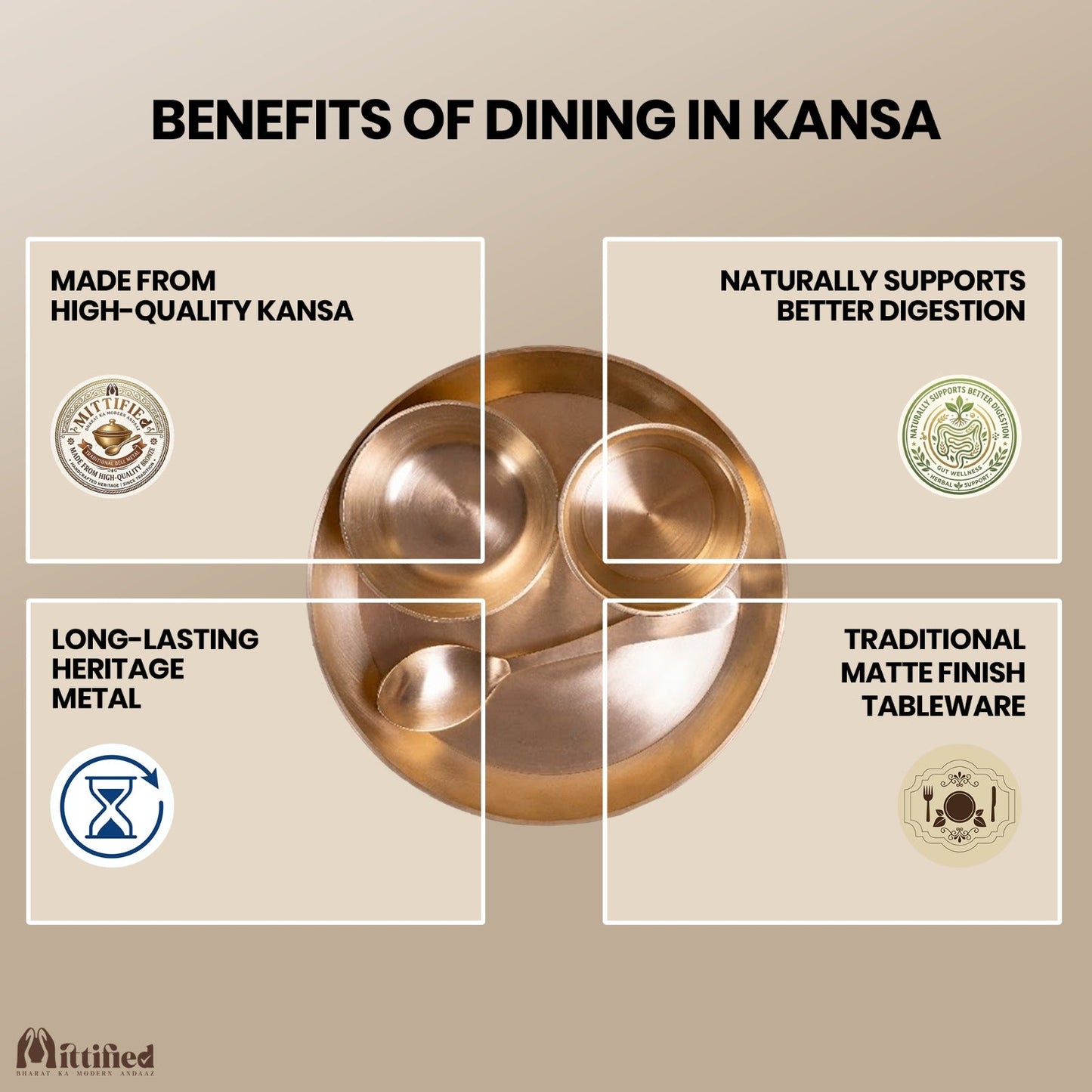 4 - Piece Pure Kansa Solid Dinner Set (8 inch Plate) - Mittified
