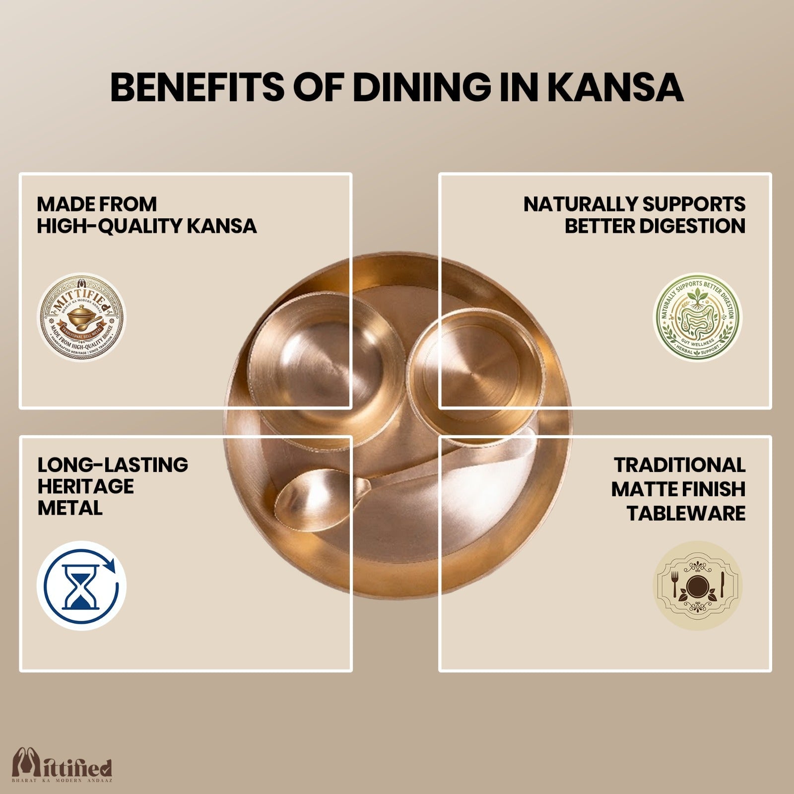 4 - Piece Pure Kansa Solid Dinner Set (8 inch Plate) - Mittified
