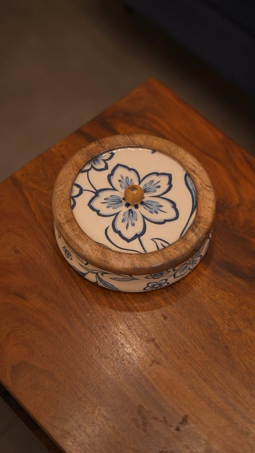 Blue Flower Wooden Roti Box with Ceramic Lid - Mittified
