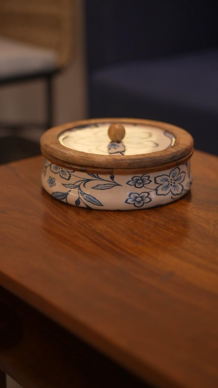 Blue Flower Wooden Roti Box with Ceramic Lid - Mittified