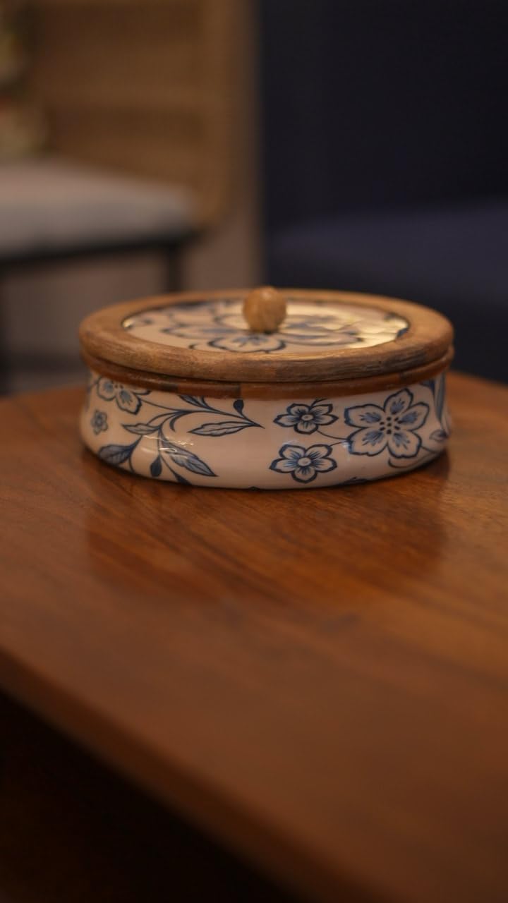 Blue Flower Wooden Roti Box with Ceramic Lid - Mittified