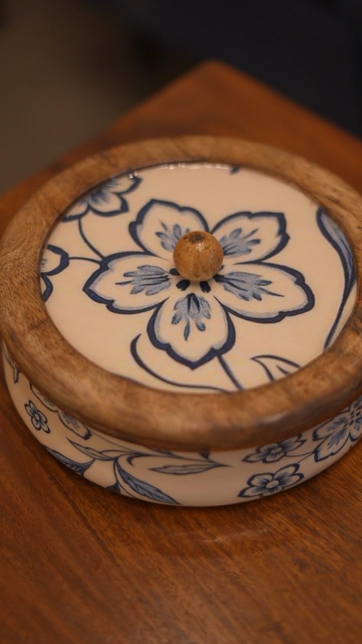 Blue Flower Wooden Roti Box with Ceramic Lid - Mittified