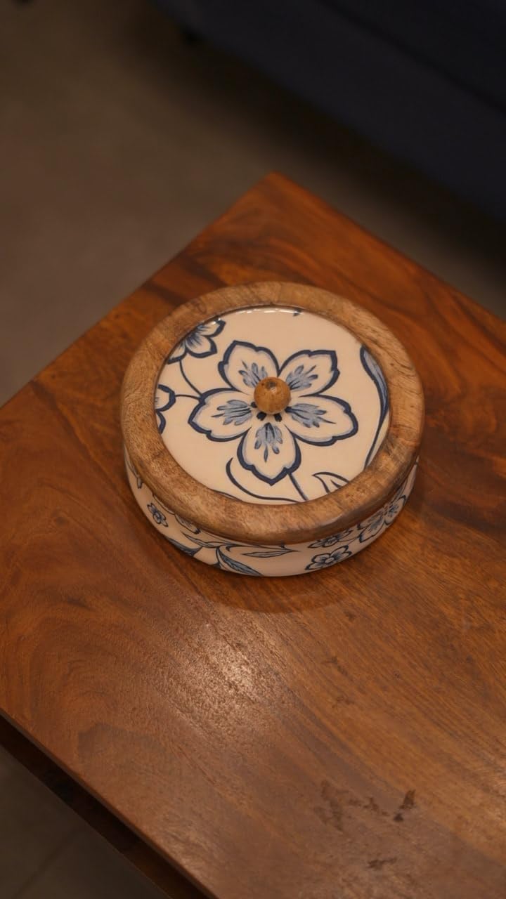 Blue Flower Wooden Roti Box with Ceramic Lid - Mittified