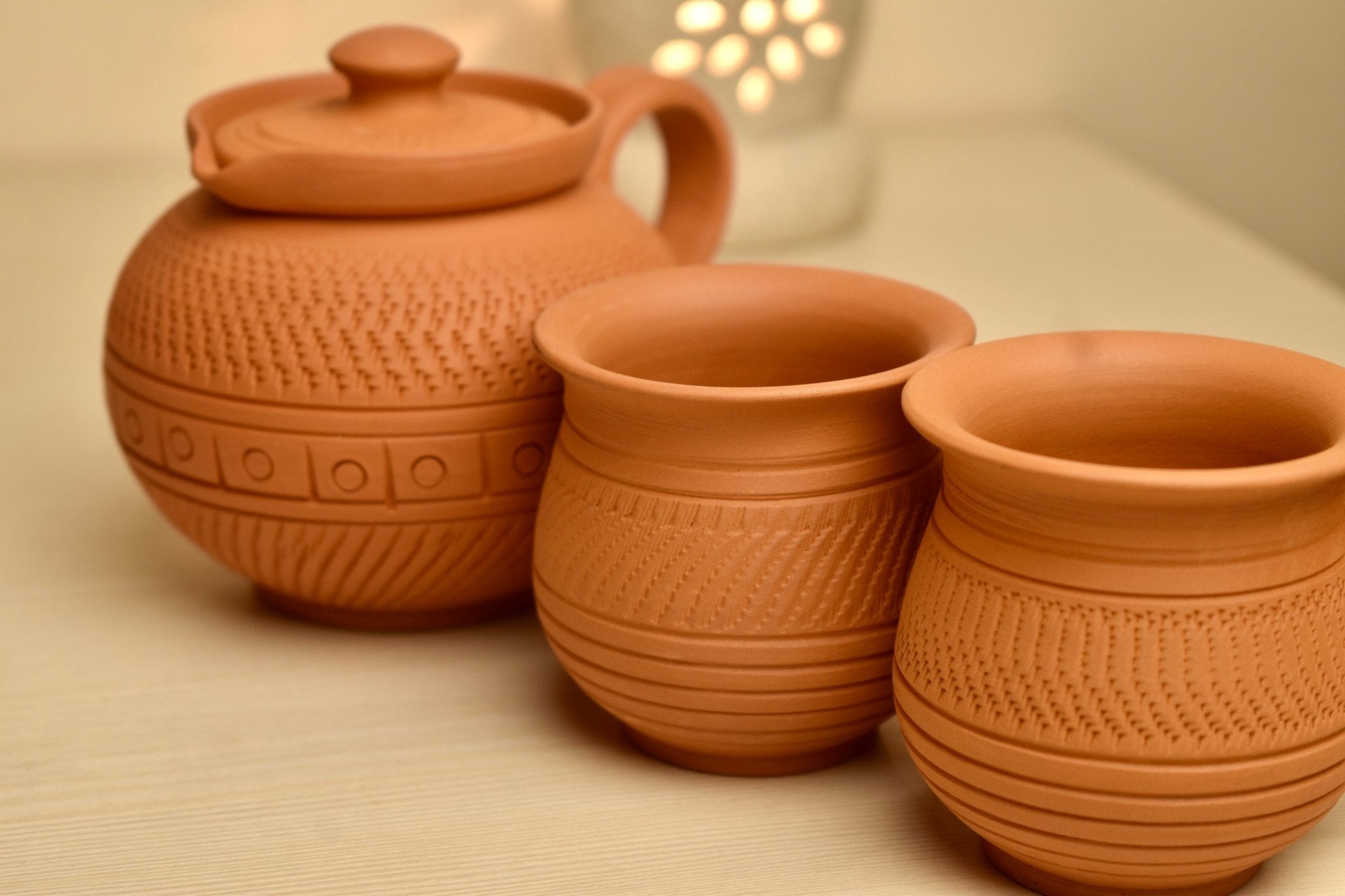 Clay Tea Set Aerial View – Terracotta Kettle and Kulhad Cups for Authentic Chai