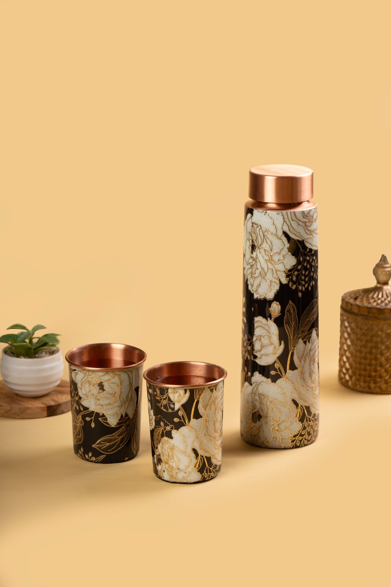 Floral Pure Copper Water Bottle with 2 Glasses Gift Set | Ayurvedic Copper Bottle & Tumblers | Premium Gift Packaging - Mittified