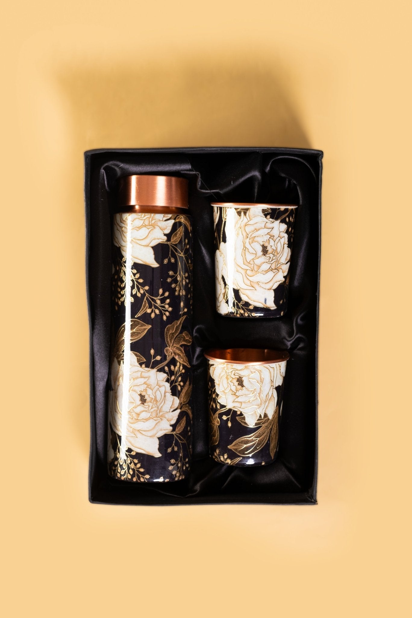 Copper Bottle and Glass Set Lifestyle – Ayurvedic Floral Copper Wellness Gift Set