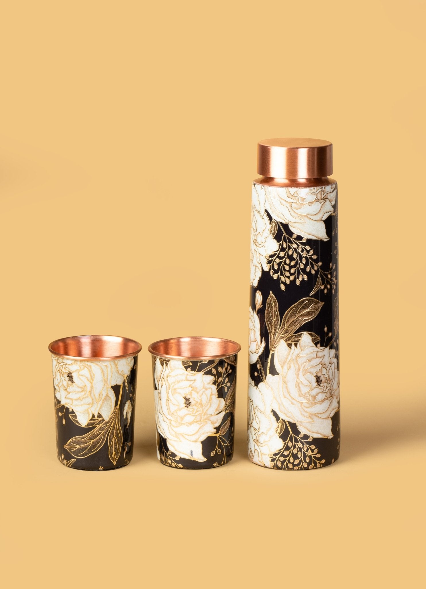 Pure Copper Water Bottle Gift Set with 2 Tumblers – Floral Hammered Ayurvedic Set