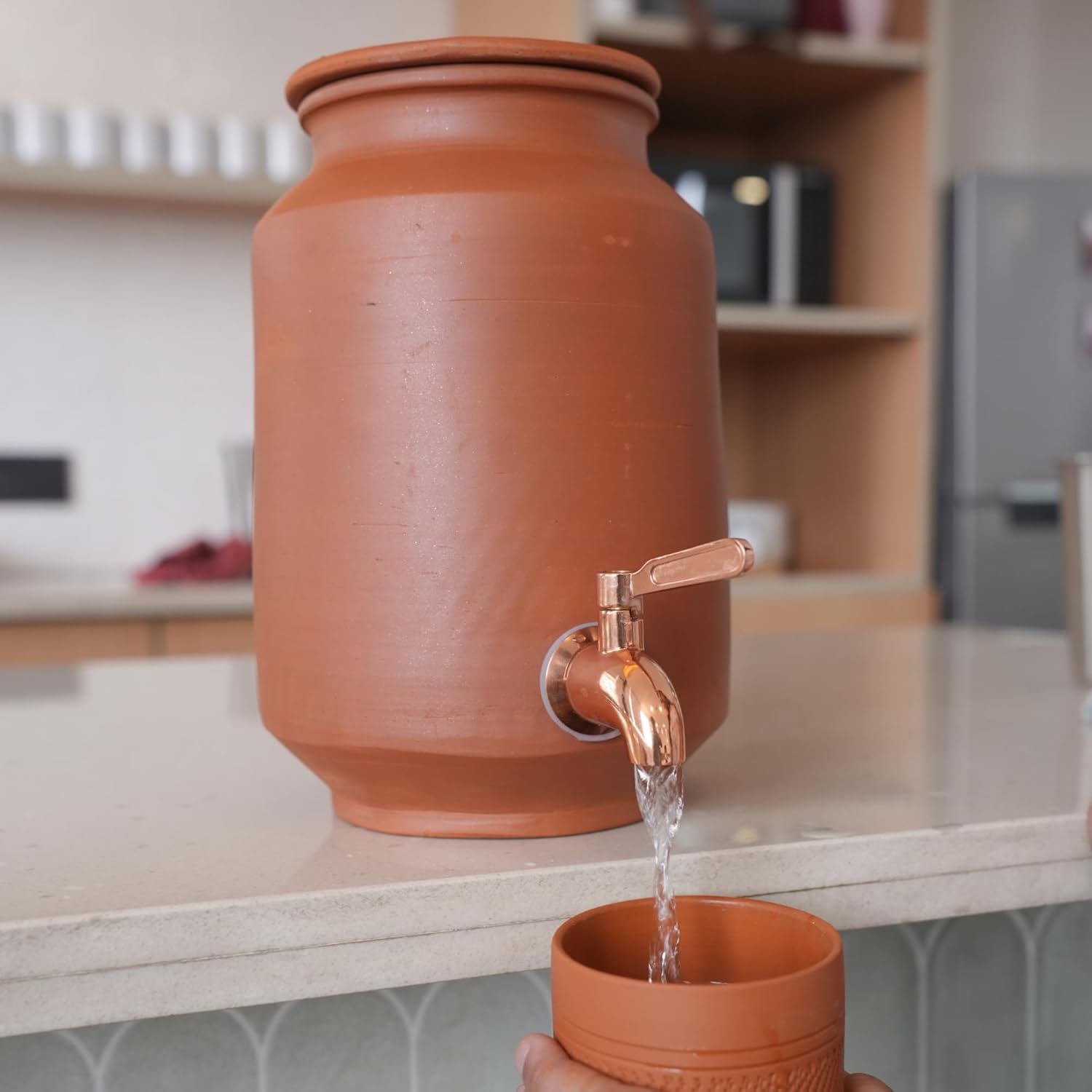 Mittified Clay Water Dispenser with Copper Stainless Steel Tap & Lid – Terracotta Mitti Water Pot / Matka - Mittified