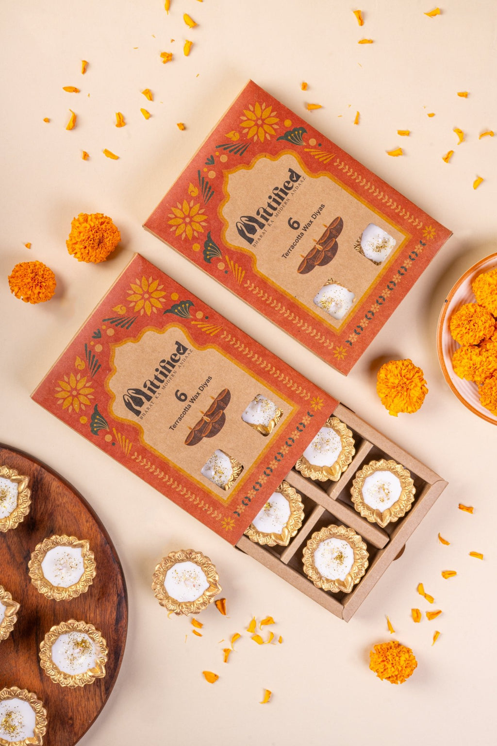 Golden Clay Diya Set of 6 in Premium Gift Box – Terracotta Diya Candles for Gifting