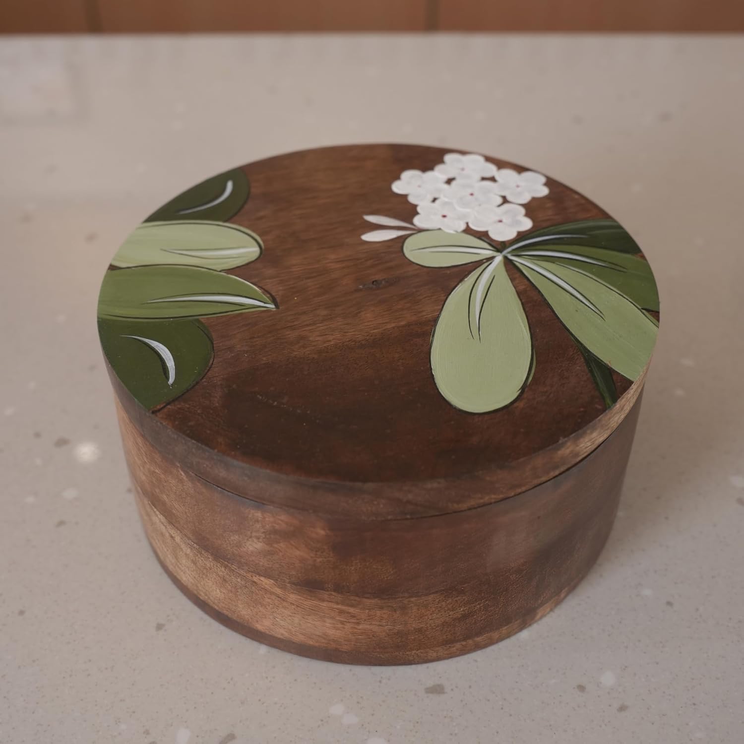 Mittified Hand Painted Wooden Roti Box with Lid – Round Acacia Wood Chapati Server - Mittified