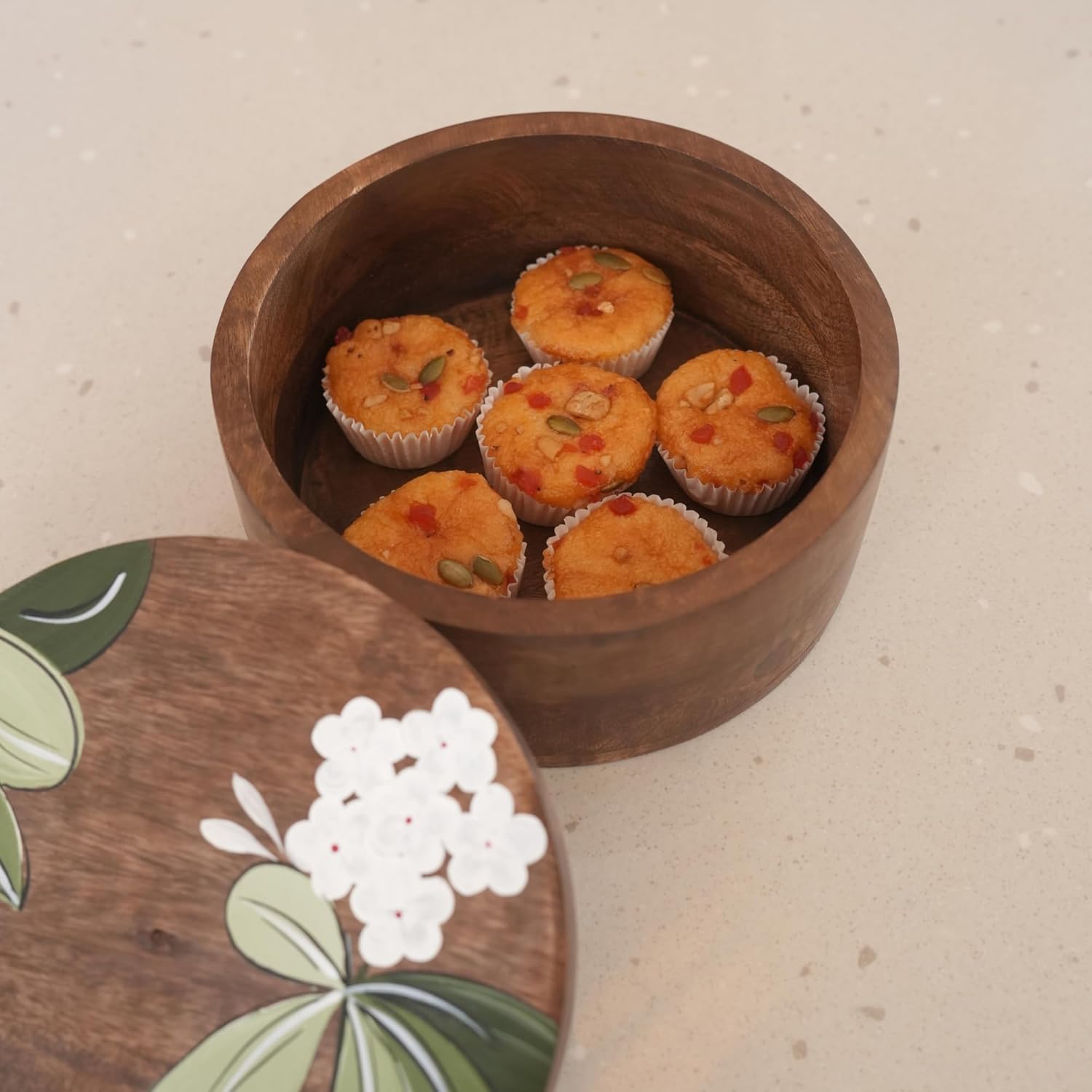 Mittified Hand Painted Wooden Roti Box with Lid – Round Acacia Wood Chapati Server - Mittified