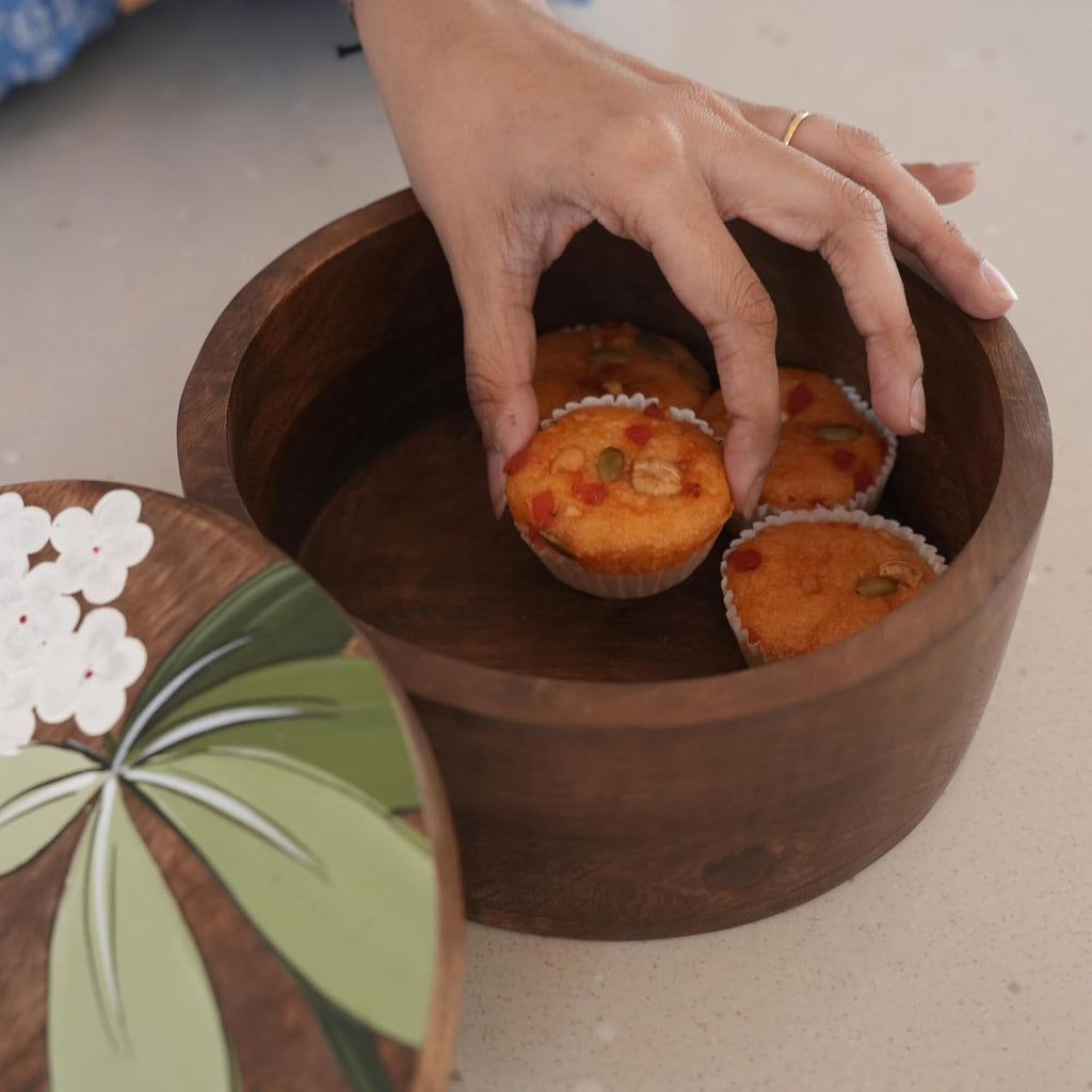 Mittified Hand Painted Wooden Roti Box with Lid – Round Acacia Wood Chapati Server - Mittified
