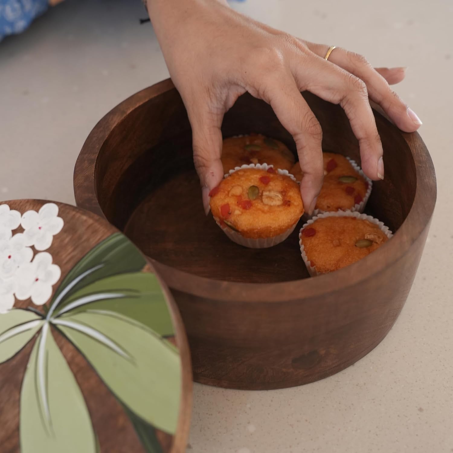 Mittified Hand Painted Wooden Roti Box with Lid – Round Acacia Wood Chapati Server - Mittified