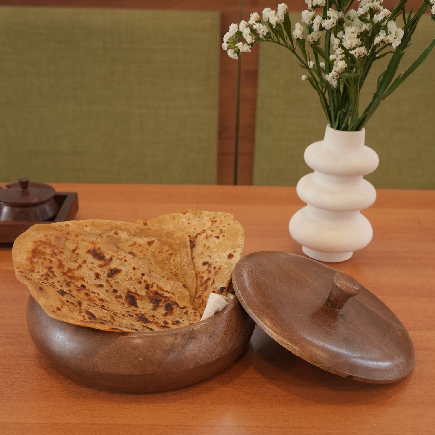 Mittified Handcrafted Acacia Wood Roti Box with Lid | Chapati Box | Wooden Roti Dabba | Keep Rotis Warm & Soft | Eco - Friendly Kitchen Storage - Mittified
