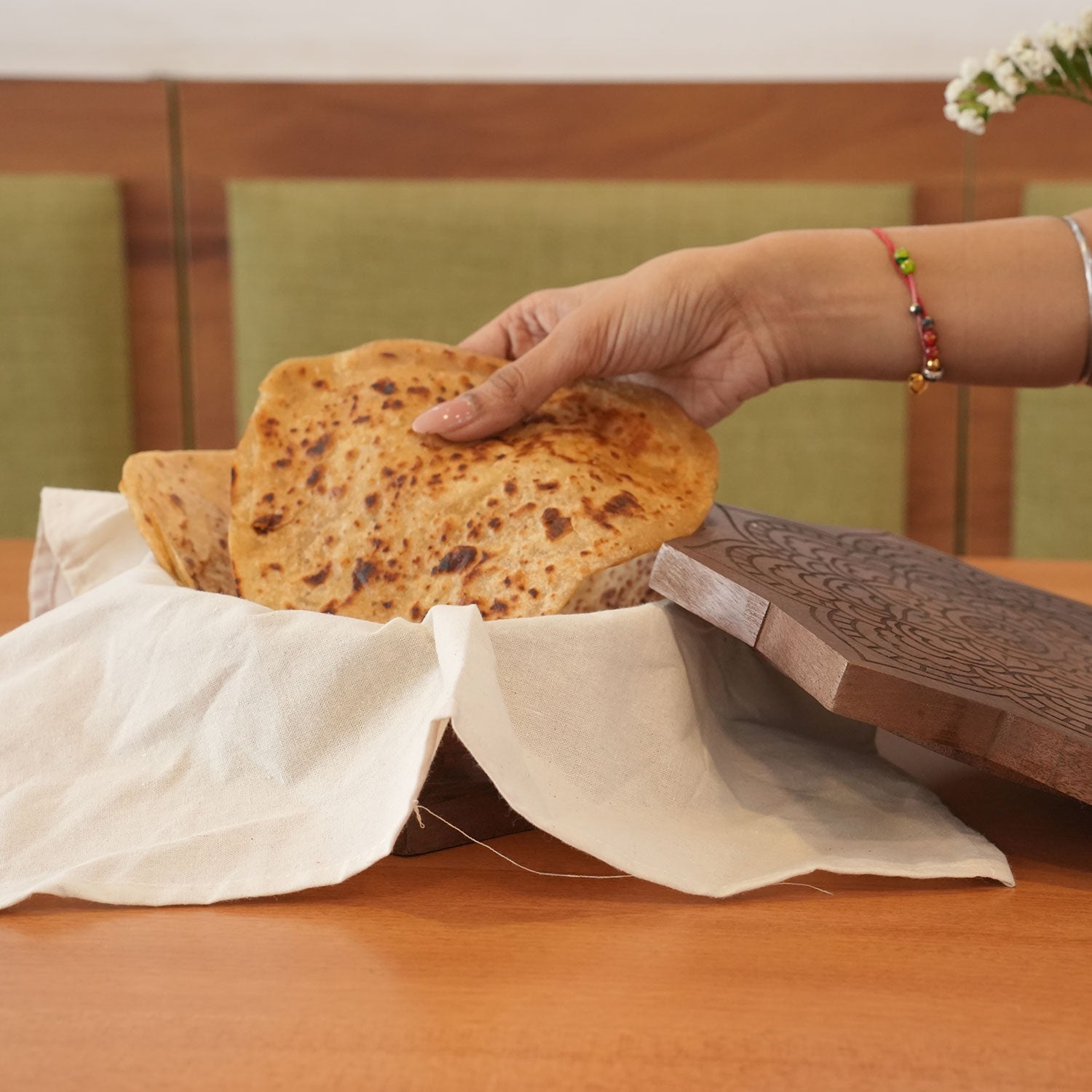 Mittified Handcrafted Acacia Wood Star Mandala Roti Box with Lid & Cloth Liner | Chapati Box | Wooden Roti Dabba - Mittified
