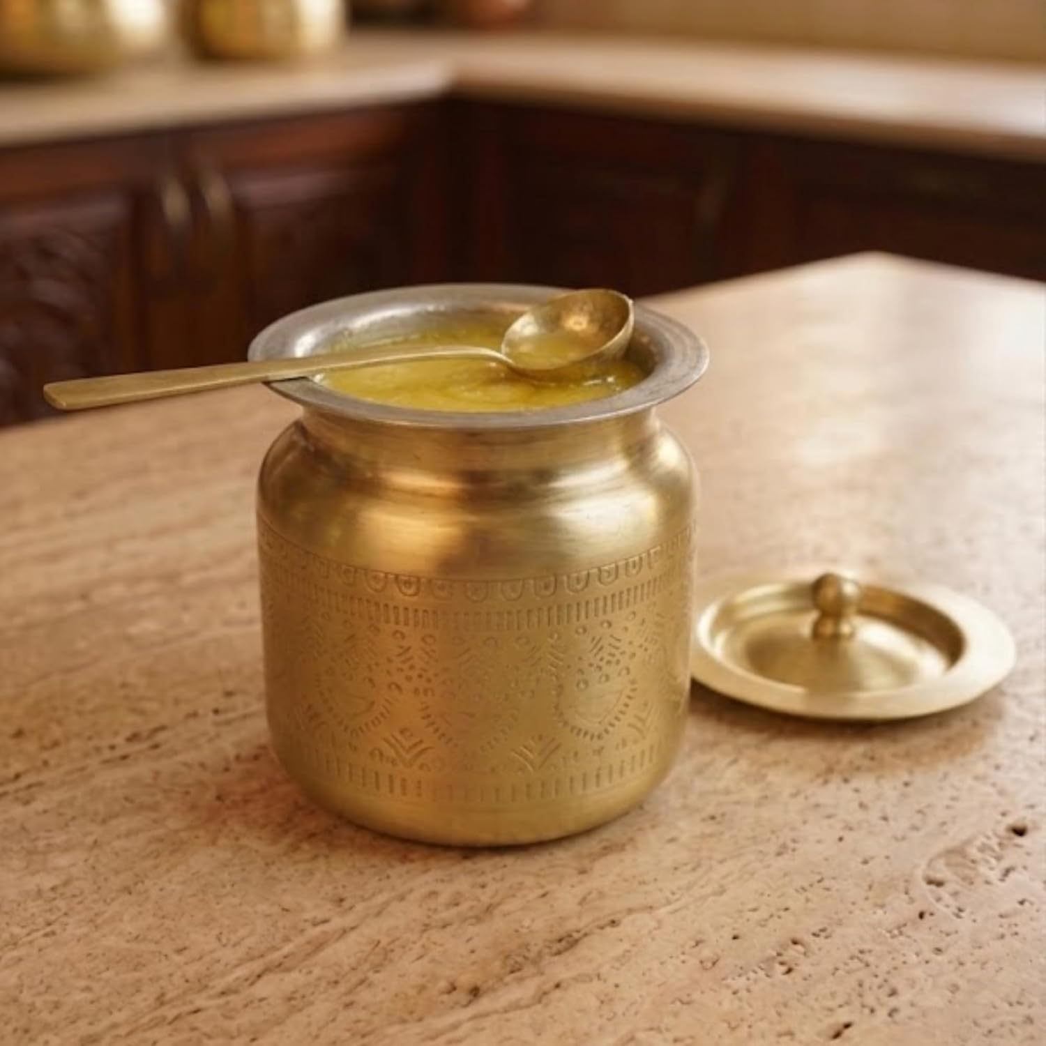 Mittified Handcrafted Brass Ghee Pot with Lid | Traditional Indian Ghee Dani Container | Pure Brass Kitchen and Pooja Vessel | Airtight Lid Design - Mittified