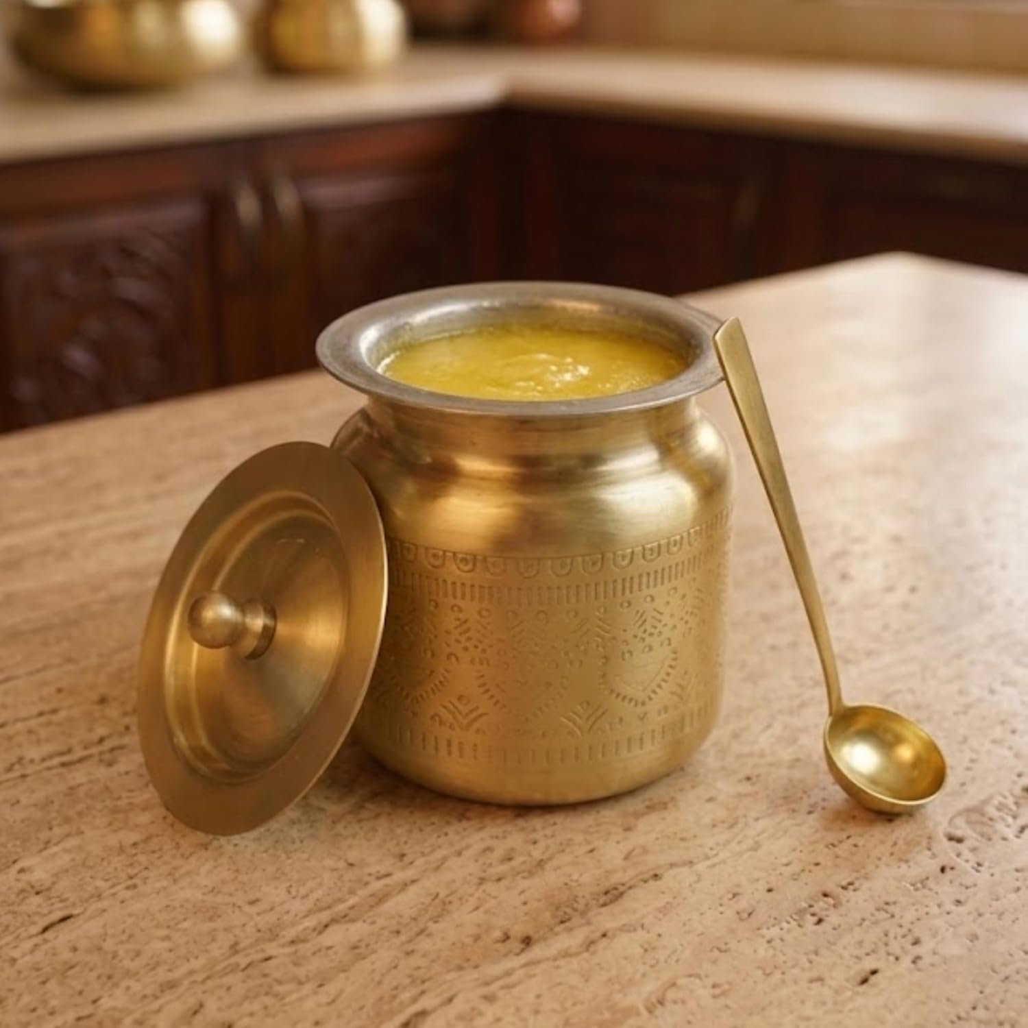 Mittified Handcrafted Brass Ghee Pot with Lid | Traditional Indian Ghee Dani Container | Pure Brass Kitchen and Pooja Vessel | Airtight Lid Design - Mittified