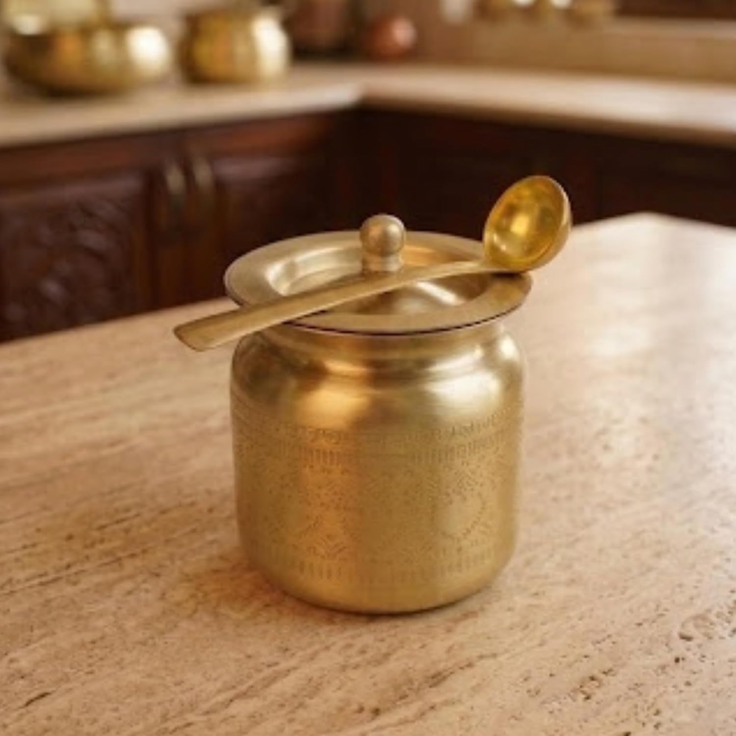Mittified Handcrafted Brass Ghee Pot with Lid | Traditional Indian Ghee Dani Container | Pure Brass Kitchen and Pooja Vessel | Airtight Lid Design - Mittified