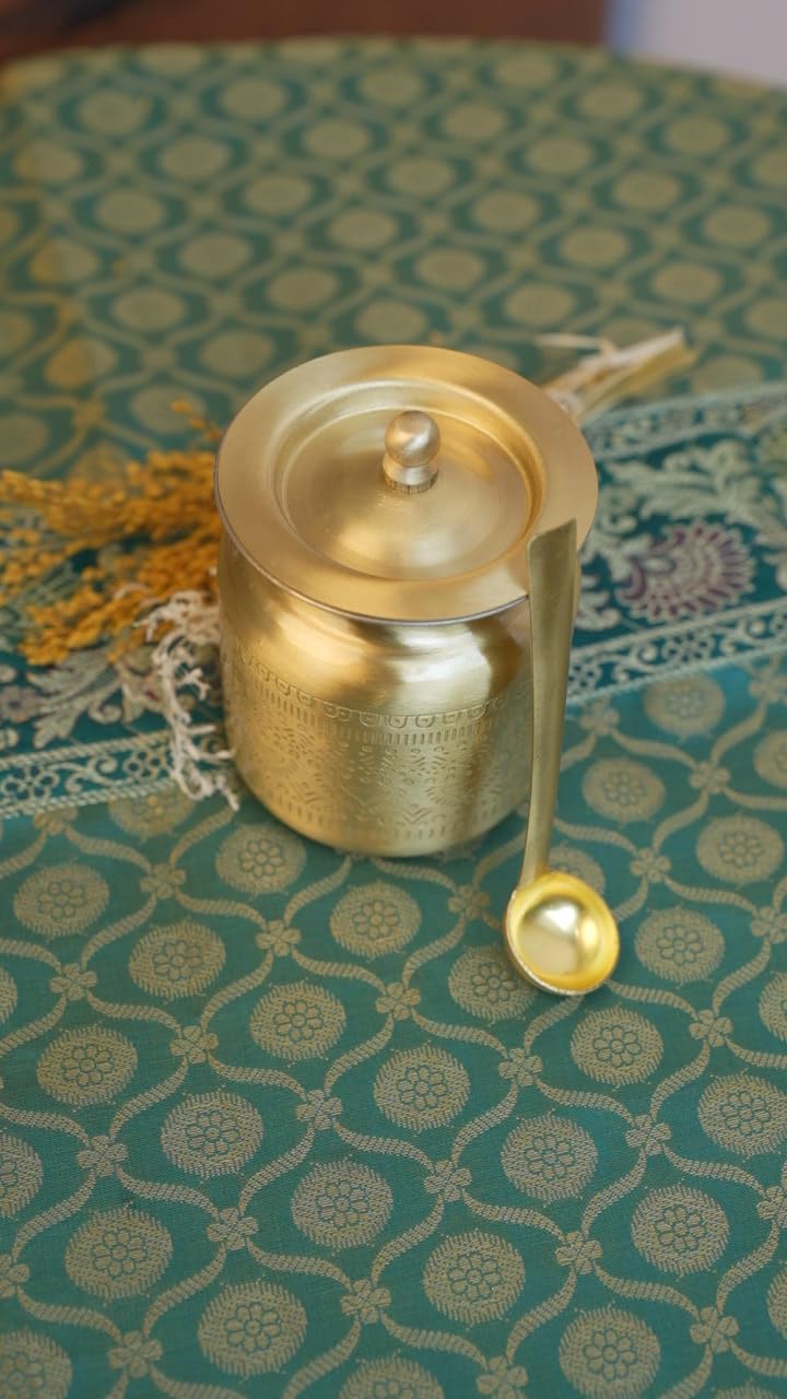 Mittified Handcrafted Brass Ghee Pot with Lid | Traditional Indian Ghee Dani Container | Pure Brass Kitchen and Pooja Vessel | Airtight Lid Design - Mittified