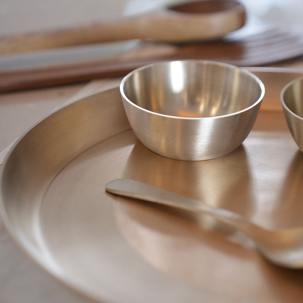 Premium 6 - Piece Pure Kansa Solid Dinner Set | 1 Plate (12 Inch Thali), 1 Spoon, 2 Bowls, 1 Glass, 1 Katori | Authentic Bronze Thali Set (12 Inch) - Mittified