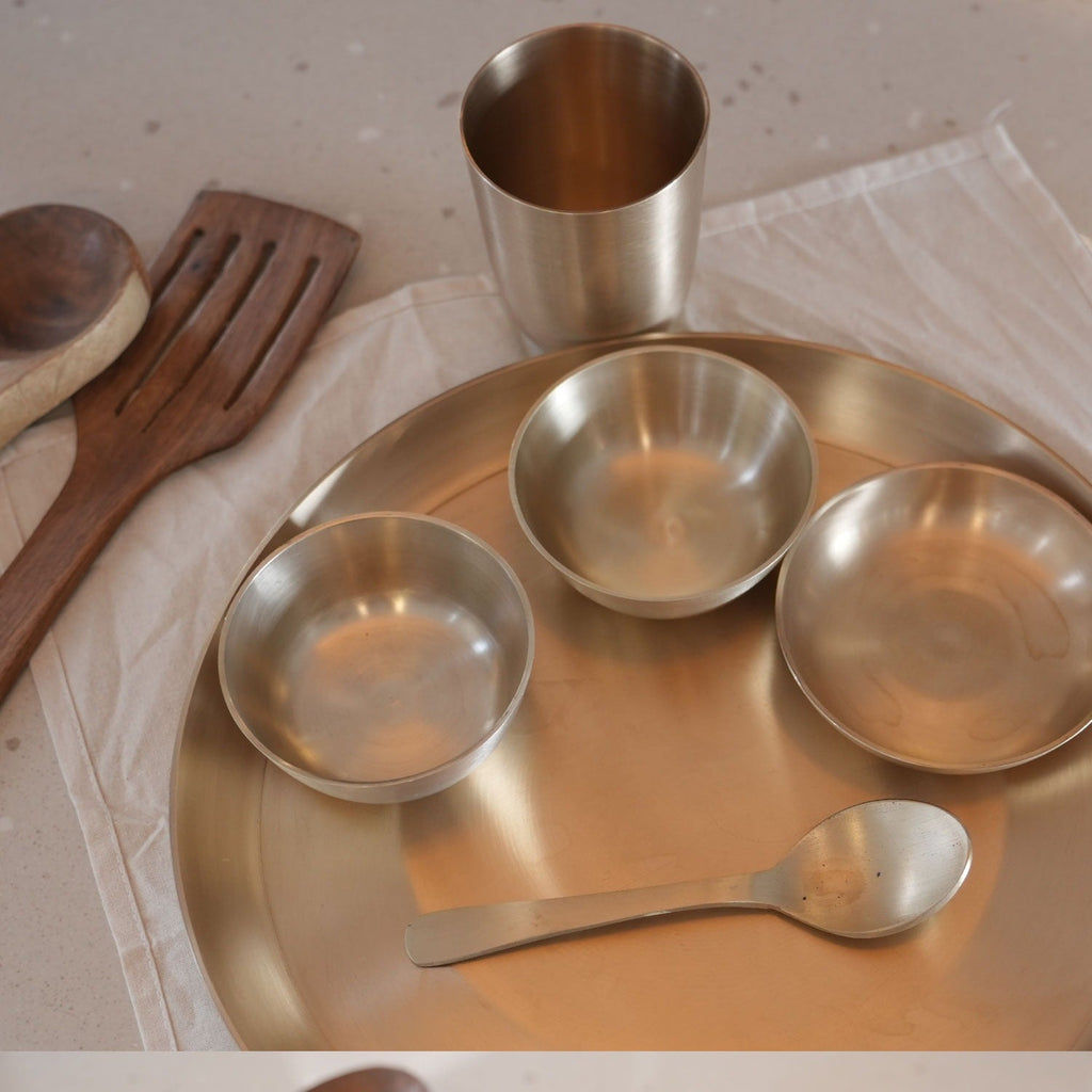 Premium 6 - Piece Pure Kansa Solid Dinner Set | 1 Plate (12 Inch Thali), 1 Spoon, 2 Bowls, 1 Glass, 1 Katori | Authentic Bronze Thali Set (12 Inch) - Mittified