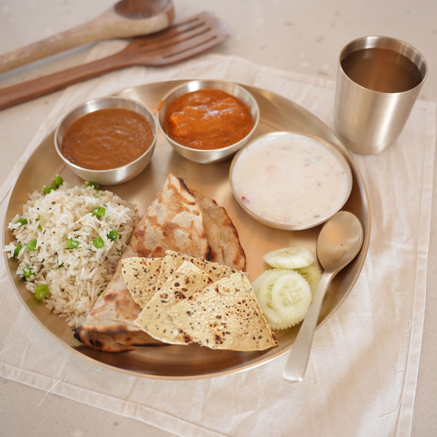 Premium 6 - Piece Pure Kansa Solid Dinner Set | 1 Plate (12 Inch Thali), 1 Spoon, 2 Bowls, 1 Glass, 1 Katori | Authentic Bronze Thali Set (12 Inch) - Mittified