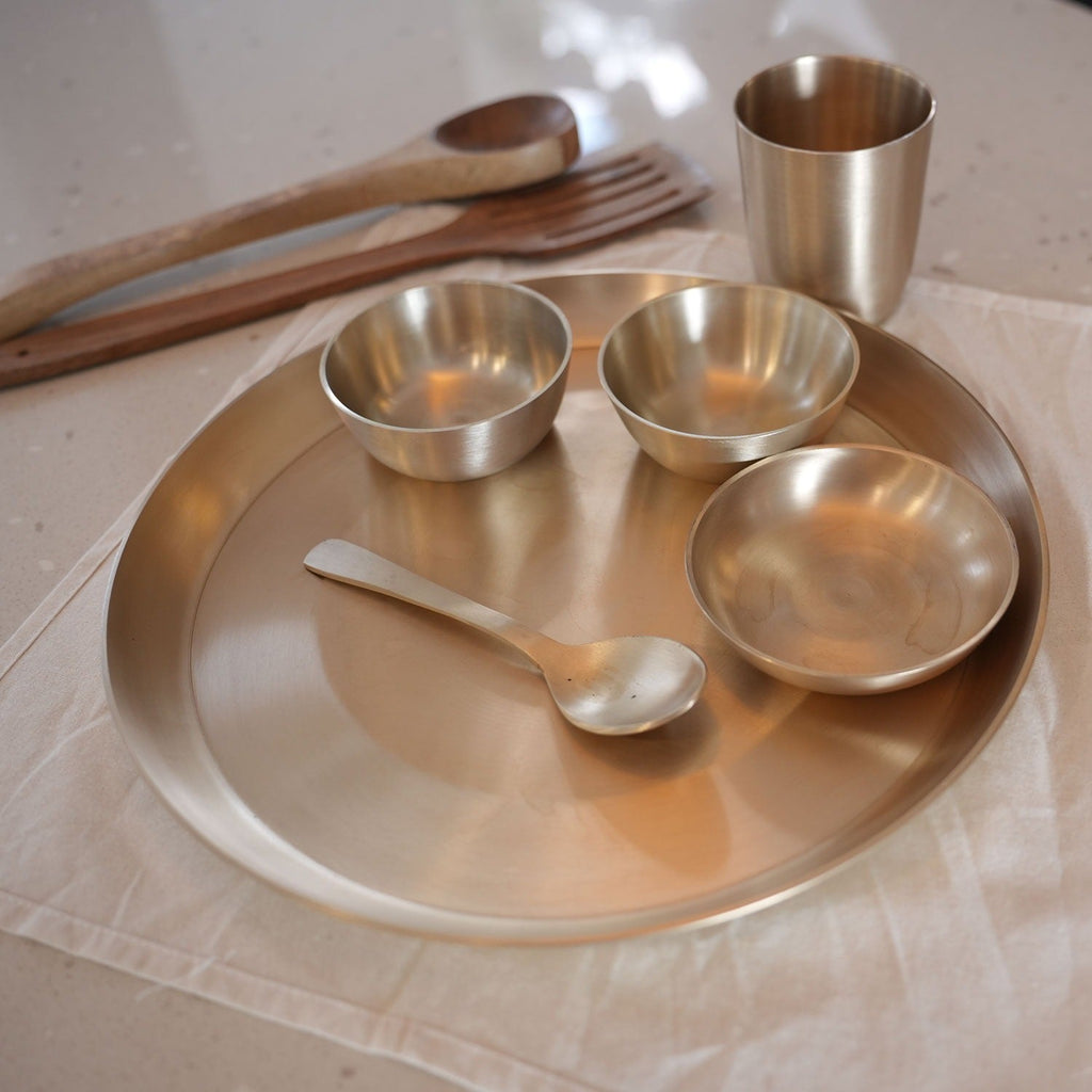 6-Piece Kansa Dinner Set Lifestyle – Traditional Indian Bronze Utensil Set