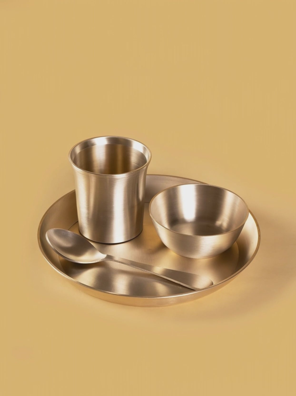 Kansa Thali Set | 4 Piece Pure Bronze Dinner Set | 8 Inch Plate, 1 Bowl, 1 Glass, 1 Spoon | Handcrafted Ayurvedic Kansa Utensils | Matte Finish