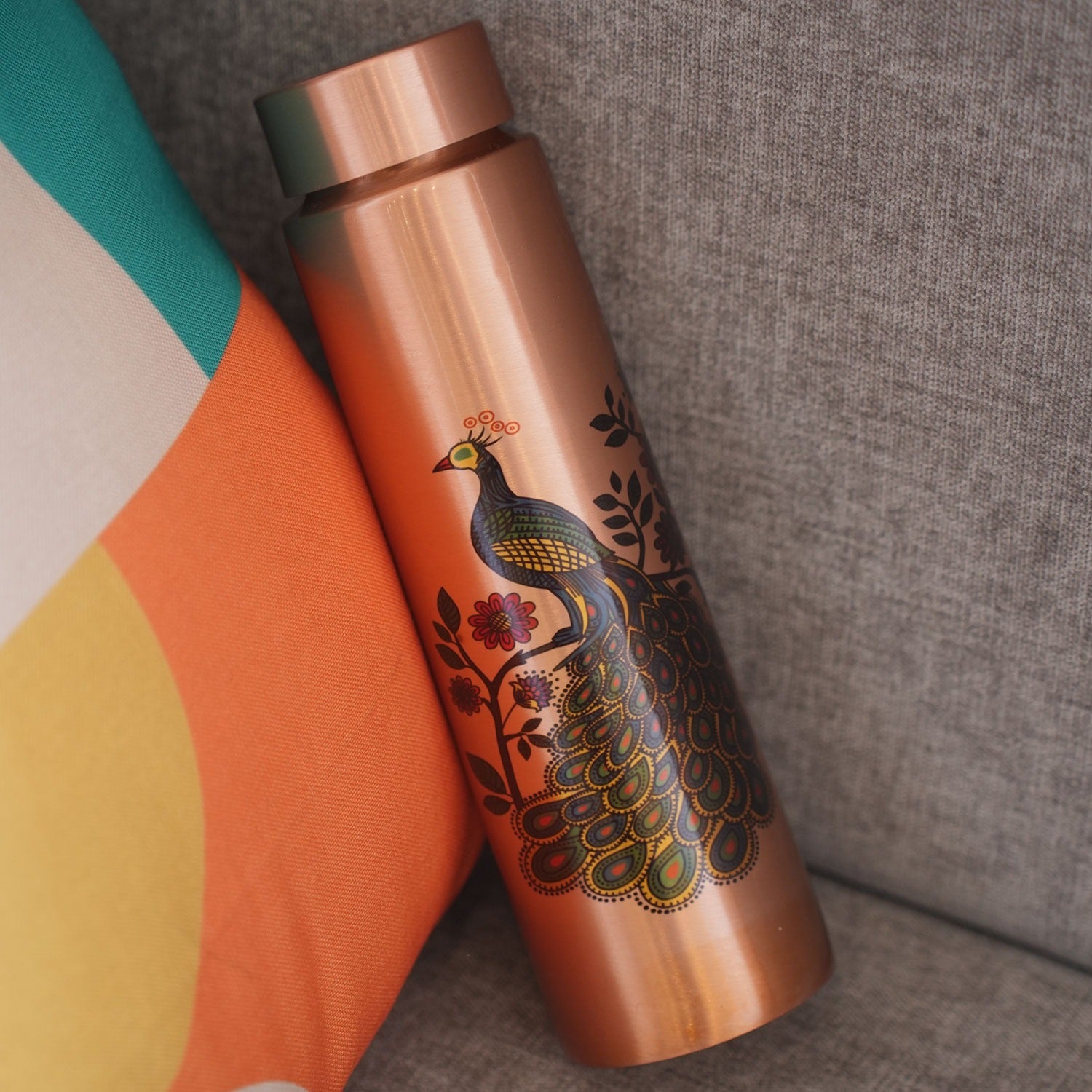 Pure Copper Peacock Water Bottle (1000 ml) | Handcrafted Engraved Design | Leak - Proof | Ayurvedic Drinking Water | Elegant Gift Choice - Mittified