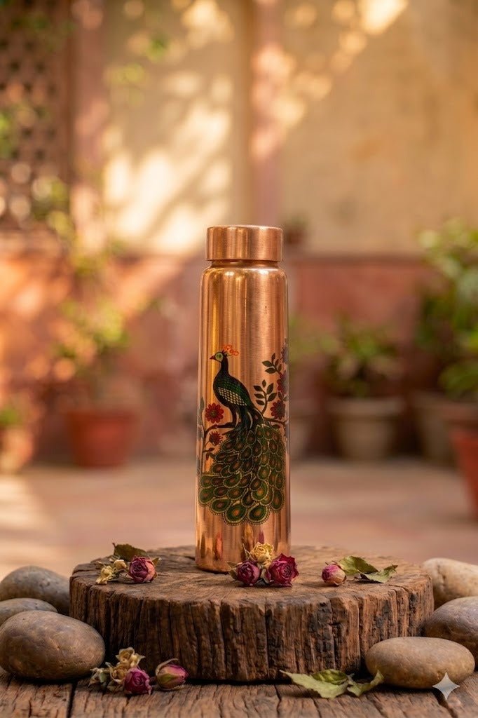 Pure Copper Peacock Water Bottle 1000ml – Hand-Engraved Ayurvedic Tamra Jal Bottle