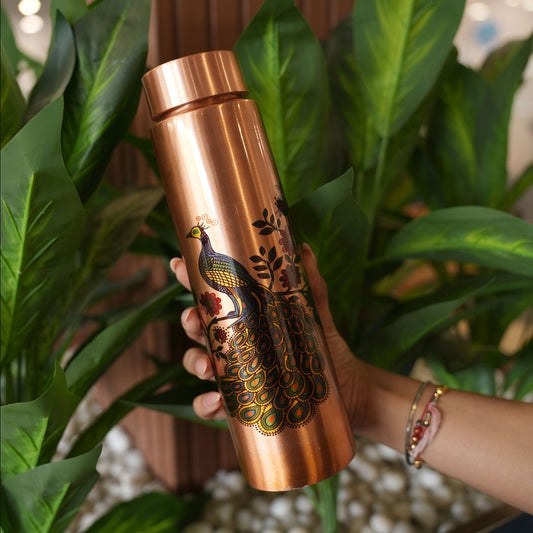 Pure Copper Peacock Water Bottle (1000 ml) | Handcrafted Engraved Design | Leak - Proof | Ayurvedic Drinking Water | Elegant Gift Choice - Mittified