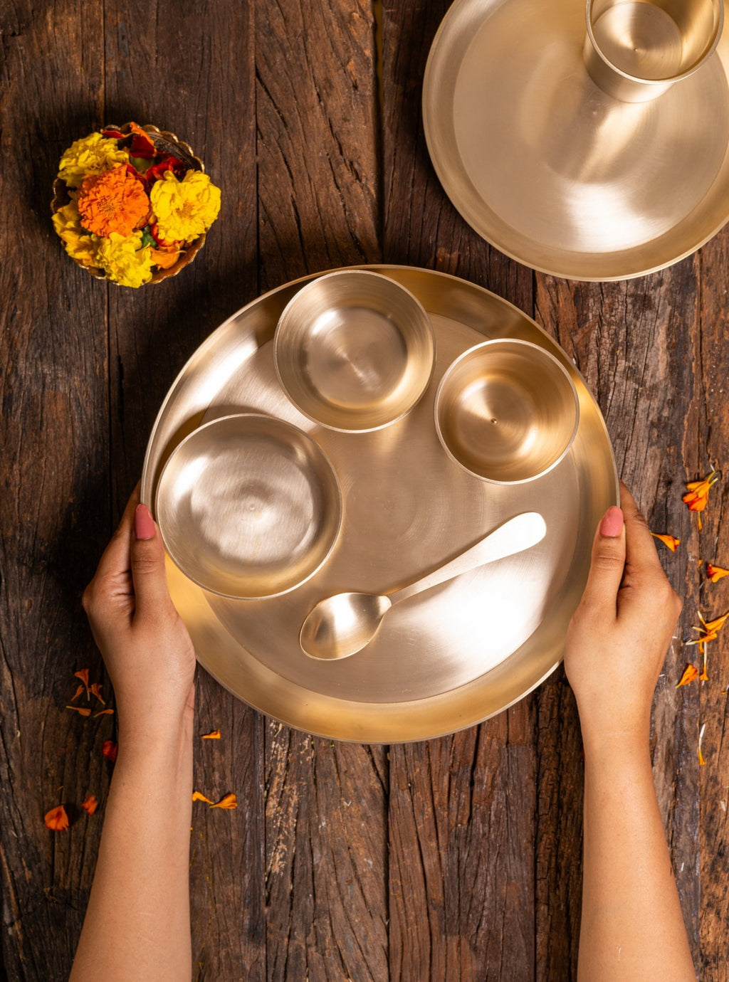Pure Kansa Dinner Set (Bronze) – Ayurvedic Eating Utensils – 5 Piece Thali Set - Mittified
