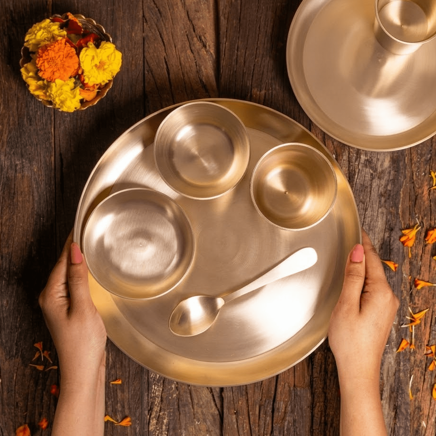 Kansa 5-Piece Thali Set – Pure Bronze Dinner Set with 12-inch Plate, Bowls and Glass