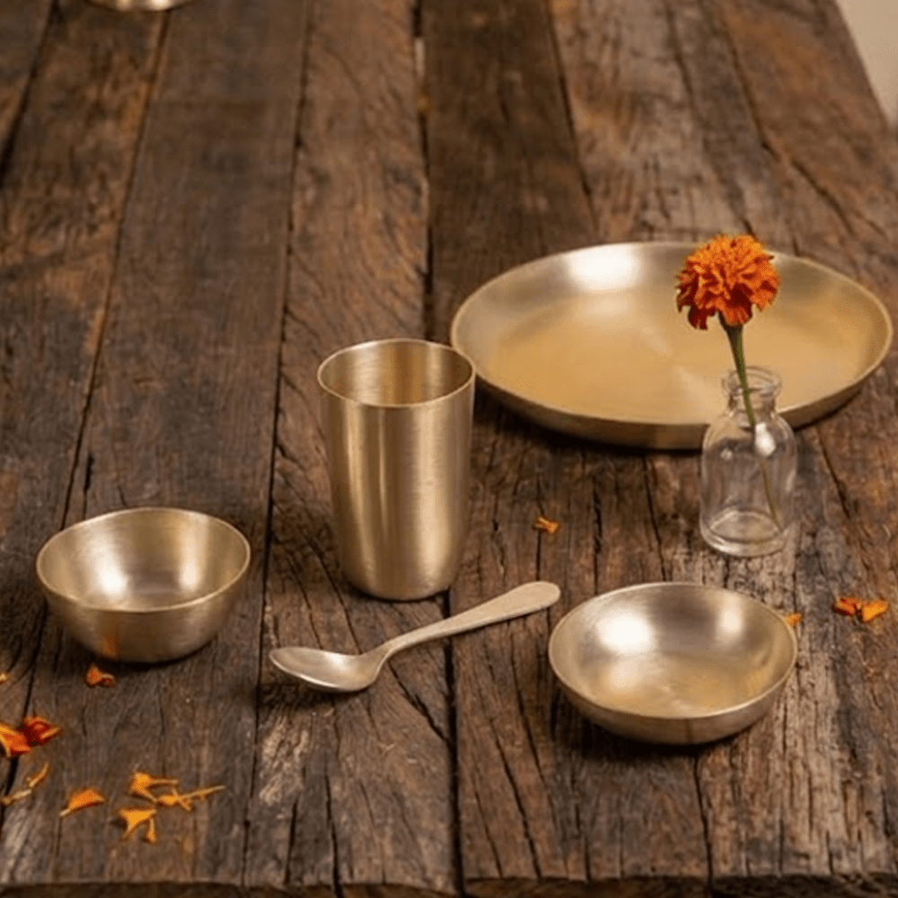 Pure Kansa Dinner Set (Bronze) – Ayurvedic Eating Utensils – 5 Piece Thali Set - Mittified
