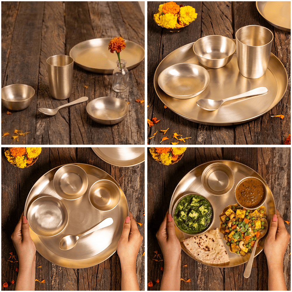 Pure Kansa Dinner Set (Bronze) – Ayurvedic Eating Utensils – 5 Piece Thali Set - Mittified