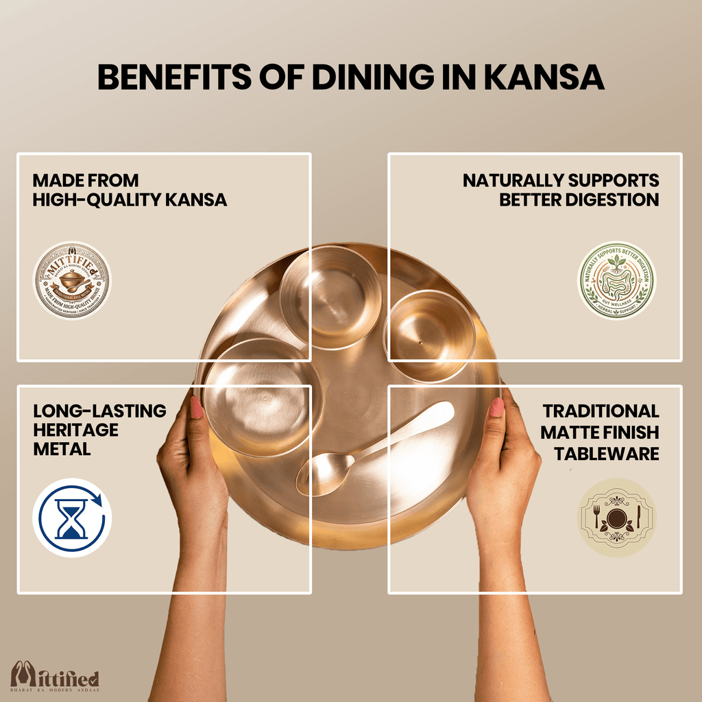 Pure Kansa Dinner Set (Bronze) – Ayurvedic Eating Utensils – 5 Piece Thali Set - Mittified