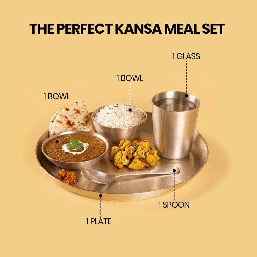 Pure Kansa Dinner Set (Bronze) – Ayurvedic Eating Utensils – 5 Piece Thali Set - Mittified