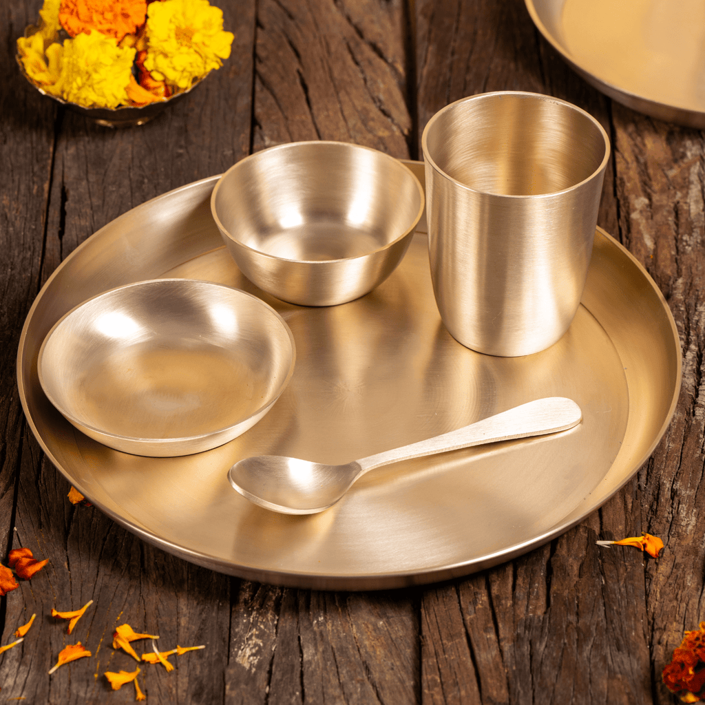 Pure Kansa Dinner Set (Bronze) – Ayurvedic Eating Utensils – 5 Piece Thali Set - Mittified